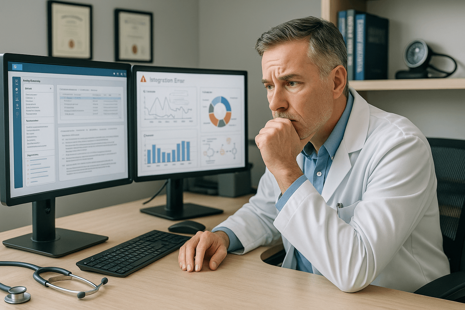 Family practice physician reviewing EHR billing software integration dashboard with workflow charts showing revenue optimization